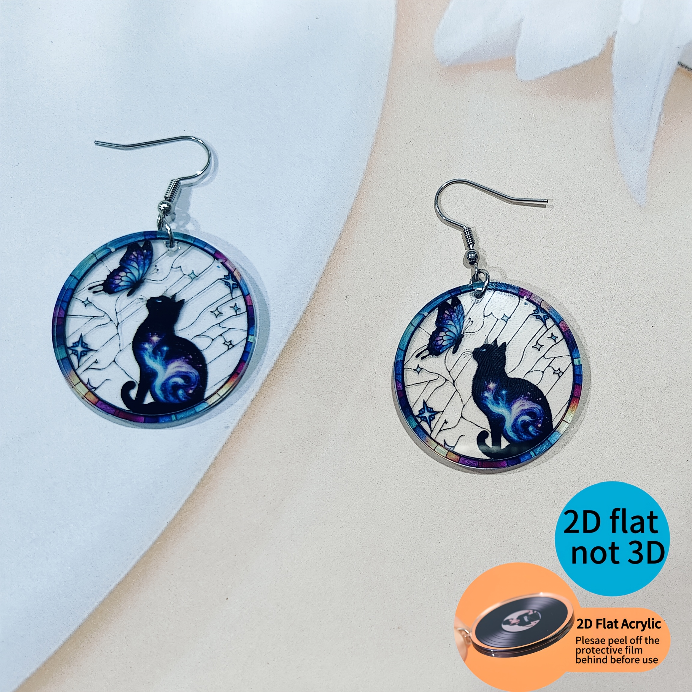 Colorful Cat and Butterfly Print Men's Dangle Earrings